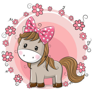 Greeting card Cute Horse with flowers