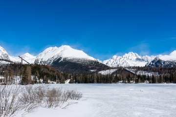Fototapeta na wymiar Slovakia, Strbske Pleso: View of frozen lake in Big Tatra, Slovakia. Mountains in background, the trees and lake in foreground. Winter and snow. Sport vacation and tourism.