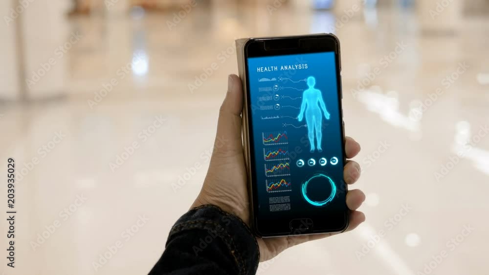 Poster 4k hands of woman using using smartphone with hud head up display user interface for mobile applicat