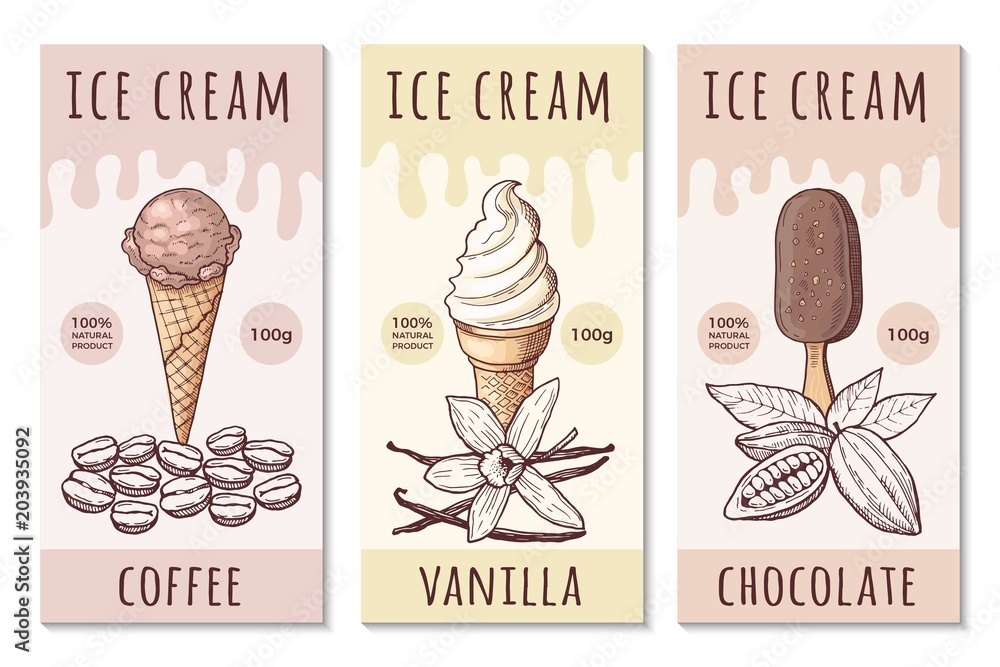 Poster Design template of ice cream labels with hand drawn illustrations