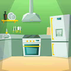 Cartoon pictures of kitchen interior with different furniture items