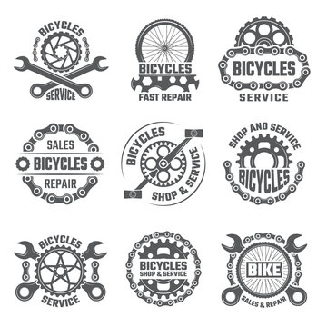 Labels template design with gears, chains and other parts of bicycle