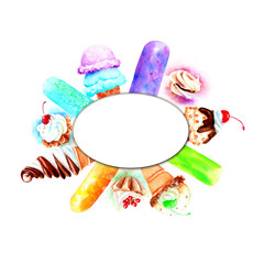 watercolor picture ice cream, cake. for the logo