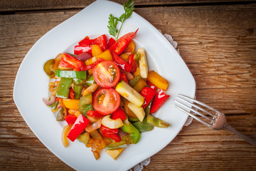 Ratatouille on a rustic table.