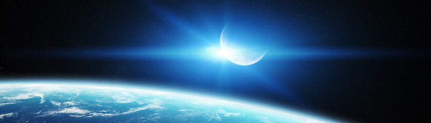 Panoramic view of planet Earth with the moon 3D rendering elements of this image furnished by NASA