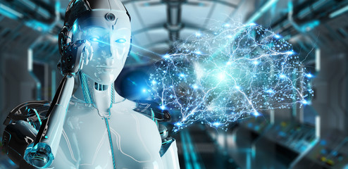 White woman humanoid creating artificial intelligence 3D rendering