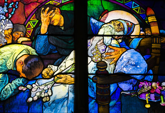 Detail of art nouveau stained glass window by Alfons Mucha, St. Vitus Cathedral, Prague castle, Czech Republic - Death of St. Methodius
