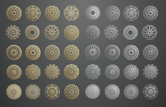 Islamic ornament vector , persian motiff . 3d ramadan islamic round pattern elements . Geometric logo template set. Circular ornamental arabic symbols .