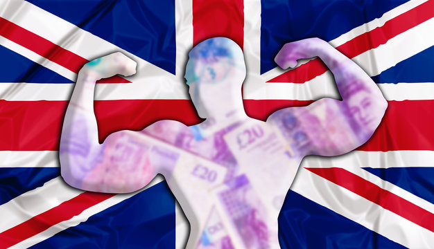 Abstract business background. Concept of powerful Great Britain english pound. United Kingdom of Great Britain flag, bodybuilder shaped GBP currency. Financial concept about exchange rate of UK pounds