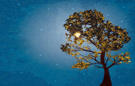 Illustration of autumn tree on background starry night with marble paper effect and space for your text.
