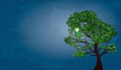 Illustration of summer green tree on background starry night with marble paper effect and space for your text.