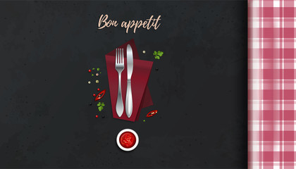 Knife and fork on the kitchen table. Bon appetit. Cook table concept design. Table with a checkered tablecloth. Vector illustration