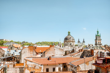 Fototapeta premium Cityscape view on the old town of Lviv city, Ukraine