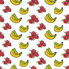 seamless pattern of bananas and raspberries