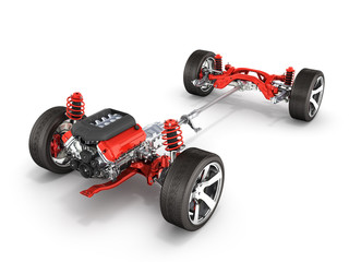 Undercarriage in detail Suspension of the car with wheel and engine isolated on white background 3d