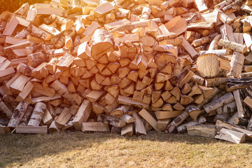 a mountain of chopped birch firewood on the green grass in the morning in the rays of the setting sun as a great work
