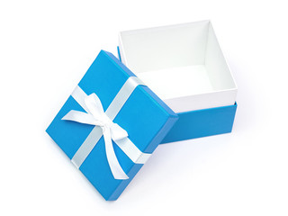 Blue gift box with ribbon isolated on white