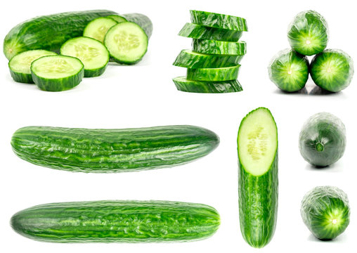Collection of fresh green cucumbers isolated on white