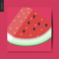 Simple things - a slice of watermelon on the red background, summer postcard, vector illustration