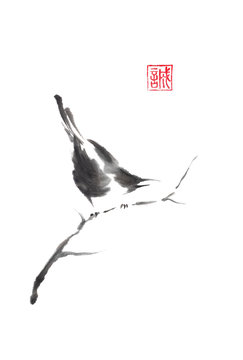 Japanese style sumi-e painting with magpie on a tree.
