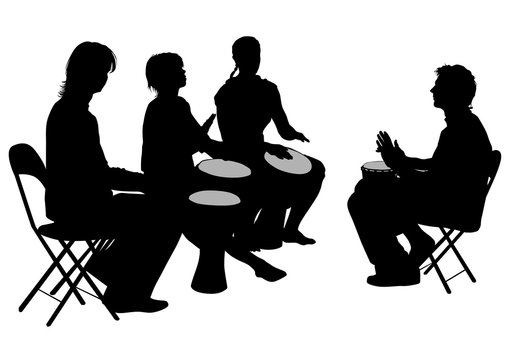 Men and women with african drums on white background