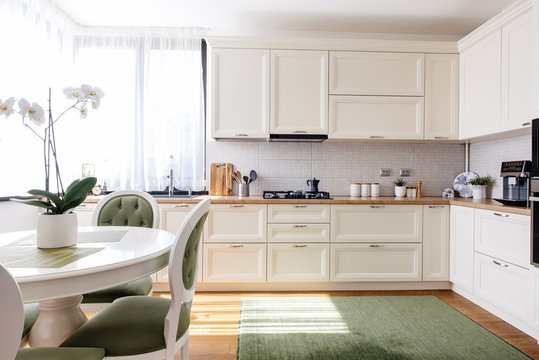 Modern Kitchen Design, Beautiful Interior With Natural Light And Flowers