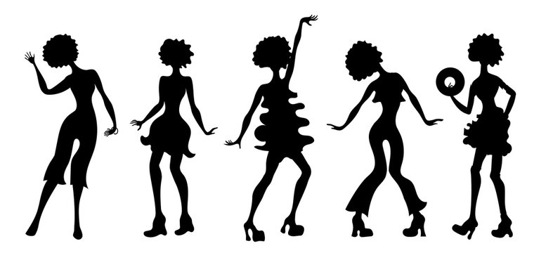 Soul Party Time. Dancers of soul silhouette funk or disco.People in 1980s, eighties style clothes dancing disco, cartoon vector illustration. Retro woman in 80s style clothing and hairstyle