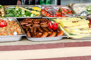 Meat fish vegetables street food