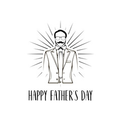 Happy Fathers Day greeting. Elegant costume, Necktie, Suit, Tie. Dad gift. Beams. Vector.