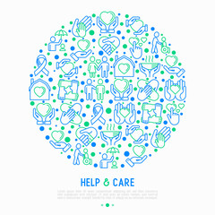 Help and care concept in circle with thin line icons: symbols of support, help for children and disabled, togetherness, philanthropy and donation. Modern vector illustration, template for print media.