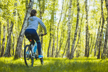 Naklejka premium cyclist riding mountain bike in the birch forest