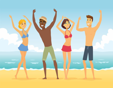 Happy friends on the beach - cartoon people character illustration