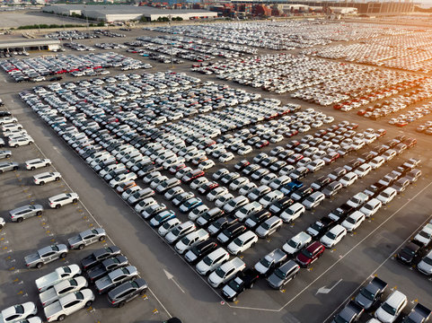 Aerial View A Lot Of New Car For Import And Export Shipping By Ship , Smart Dealership At Cart Depot.