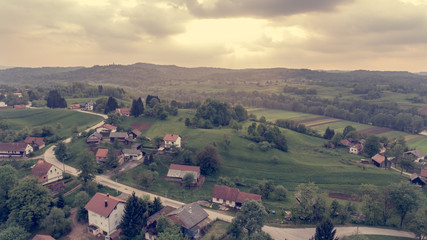 Fototapeta premium Aerial view of countryside at sunset.