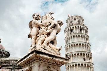 Travel in Italy. Architecture of Pisa. Leaning Tower of Pisa on a sky background