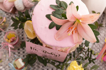 Tasty pink cake on a dessert table at a baby shower party for a girl