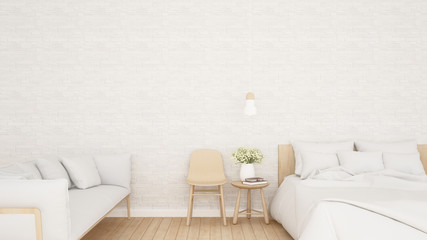 White bedroom and living area in hotel or apartment - Bedroom and white brick wall decorate simple design for artwork resort or home - 3D Rendering