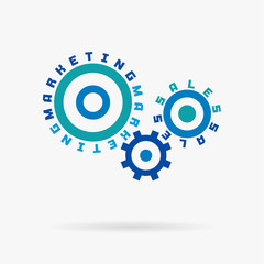 Connected cogwheels, marketing sales words. Integrated gears, text. Social media business, internet develop, digital network concept. Typography system idea. Cog wheel seo mechanism. Vector infograph