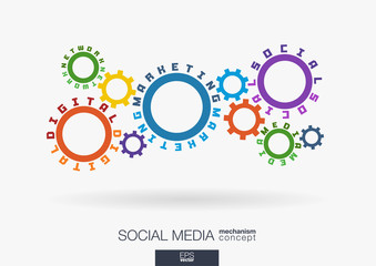 Connected cogwheels. Digital marketing, social media and network words. Integrated gears, text. Management, business development concept. Typography idea. Cog wheel seo mechanism. Vector infograph