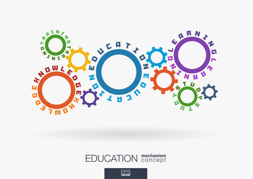 Connected cogwheels. Education, knowledge training, learning, study words. Integrated gear and text. Elearning course, graduation concept. Typography idea. Cog wheel school mechanism. Vector infograph