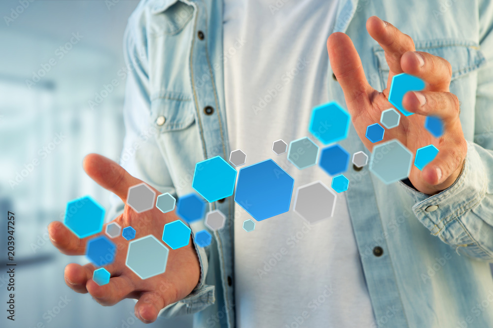 Poster 3d render empty aplication made of blue hexa button displayed on a futuristic interface
