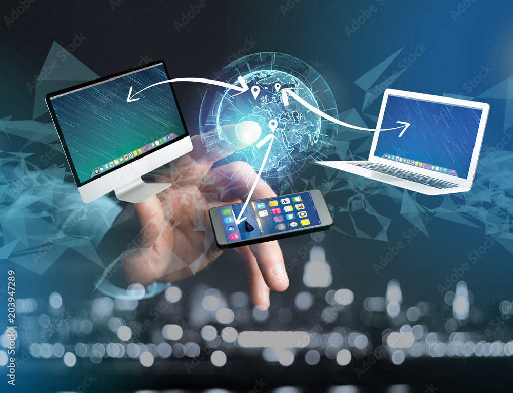 Poster Computer and devices displayed on a futuristic interface with interantional network - Multimedia and technology concept