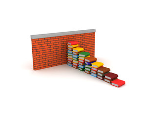 Naklejka premium 3D illustration of book stairway in front of brick wall
