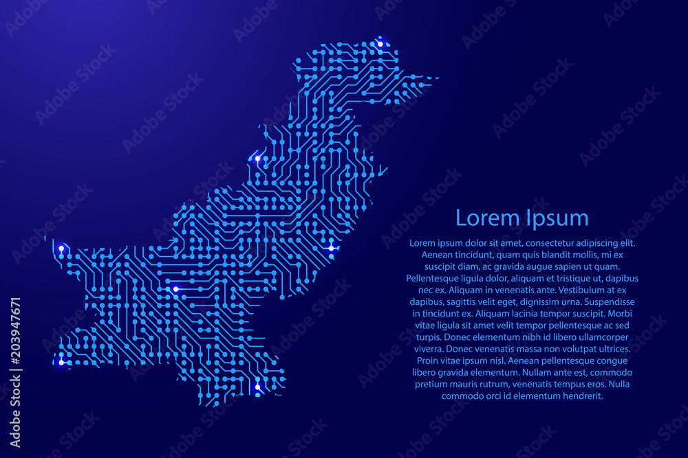 Fototapete map pakistan from printed board, chip and radio component with blue star space on the contour for ba