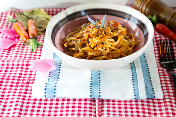tasty pasta Italian meat sauce pasta on the table