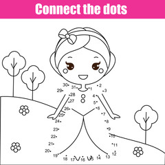 Connect the dots by numbers children educational game. Printable worksheet activity with Princess