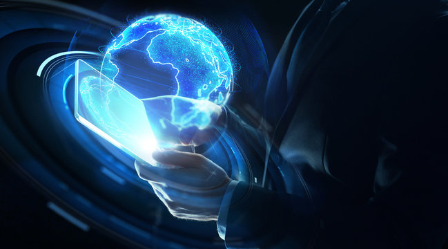 Business, Globalization And Future Technology Concept - Close Up Of Businessman Hands With Transparent Tablet Pc Computer And Earth Hologram Over Black