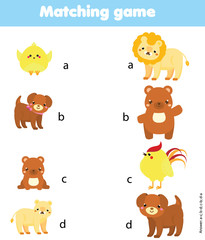 Matching game. Match animal parent with baby. Educational children activity