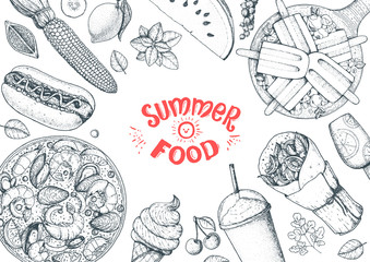 Summer food vector illustration. Variety food sketch collection. Top view engraved illustration.