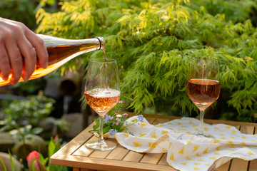 Waiter pouring cold orange wine in glasses on outdoor terrace in garden in sunny day